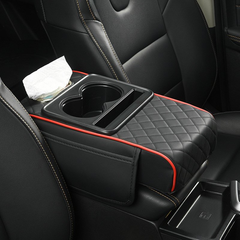 Multi-Function Car Storage Bag New Leather Armrest Box Pad With Height Pad Front Water Cup Holder & Tissue Box