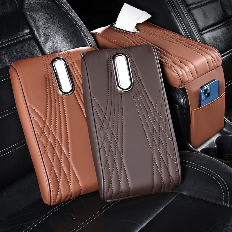 Business Luxury Foam Pu Leather Armrest Box Extender Cushion Protector Mat Car Center Console Cover Customize Car Logos