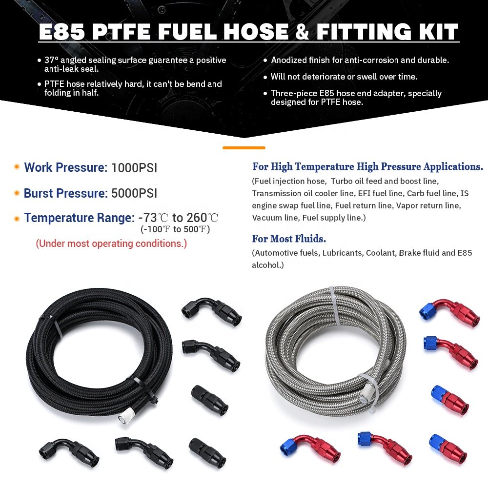 10FT 6AN PTFE E85 Stainless Steel Braided Fuel Hose Ethanol Compatible With 0 45 90 Degree AN6 Reusable Swivel Hose End Fittings