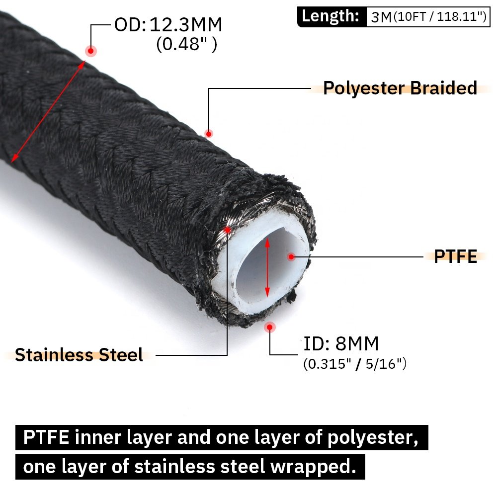 10FT 6AN PTFE E85 Stainless Steel Braided Fuel Hose Ethanol Compatible With 0 45 90 Degree AN6 Reusable Swivel Hose End Fittings