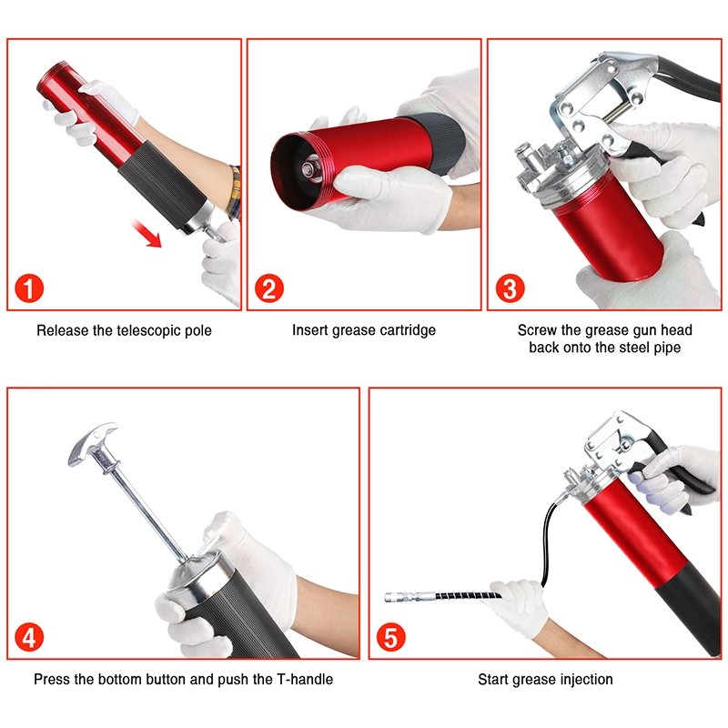 Grease Gun 8000 PSI Heavy Duty Pistol Grip Grease Gun Kit with 14 oz Load 18 Inch Spring Flex Hose 2