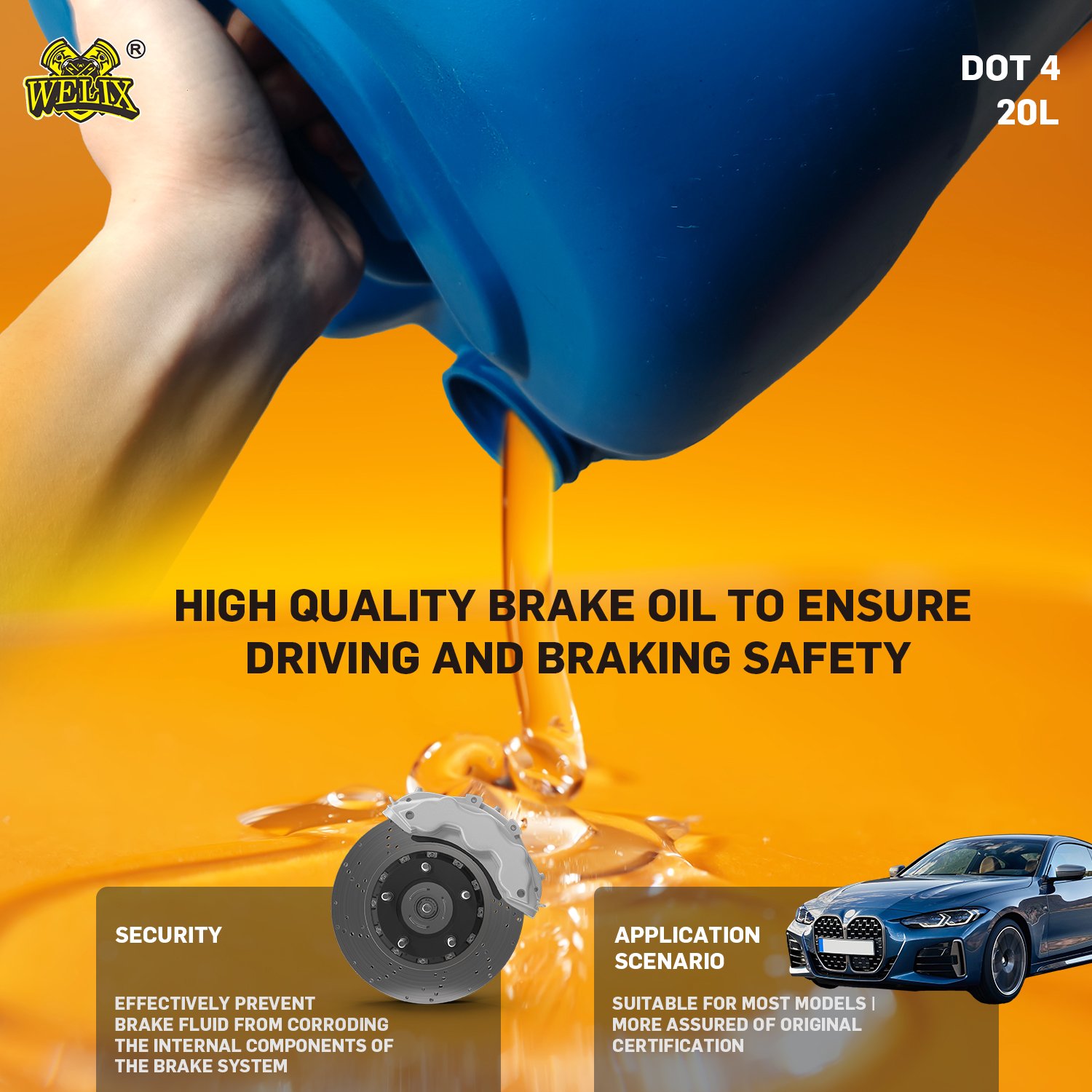 Welix 20L Car Brake Fluid and 500ML Clutch Fluid OEM Dot4 Base Oil Liquid Factory Direct Standard Supplier Machine Brake Oil