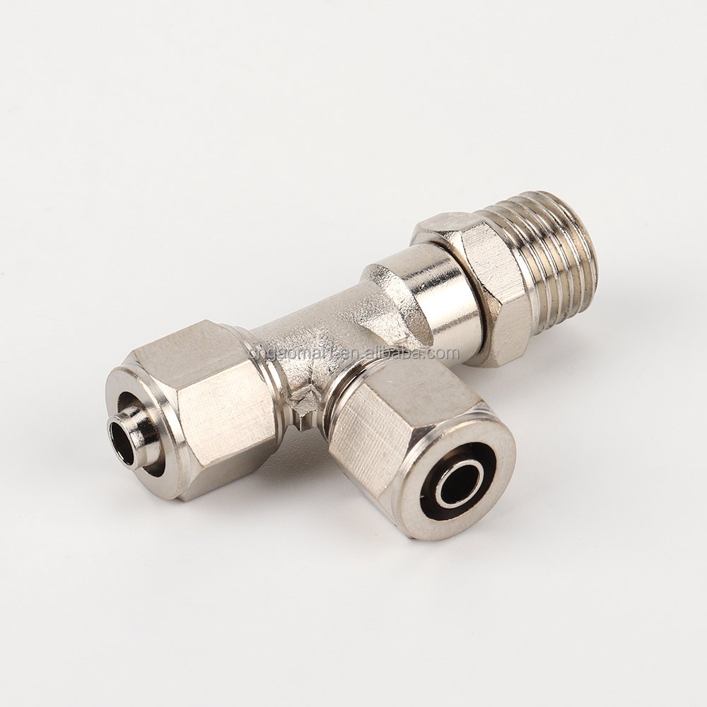 Pneumatic Quick Twist Nickel Plated Hexagular Nut Brass Fitting Male Threaded Offset KNPT Series Tee Pipe Fitting