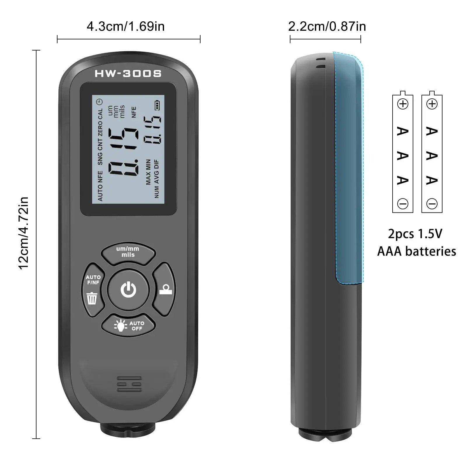 Hot Sale Coating Thickness Gauge Measurement 0-2000um Feeler Tester Car Paint Thickness Meter Metal Thickness Gauge HW-300S