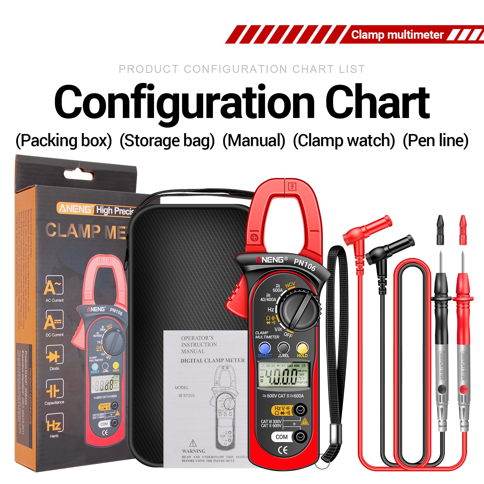 ANENG PN106 Digital Clamp Meter 4000 Counts AC/DC Voltage Resistance Capacitance Auto Range Multimeter