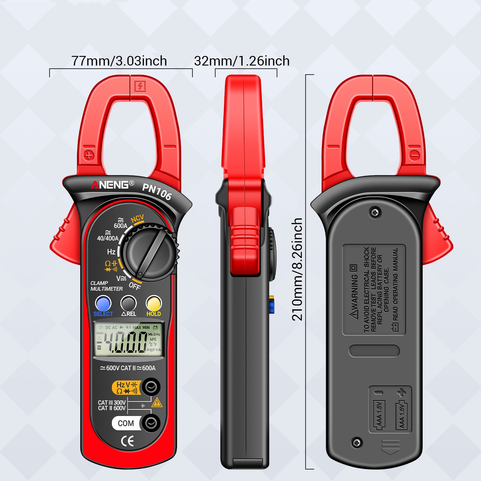 ANENG PN106 Digital Clamp Meter 4000 Counts AC/DC Voltage Resistance Capacitance Auto Range Multimeter