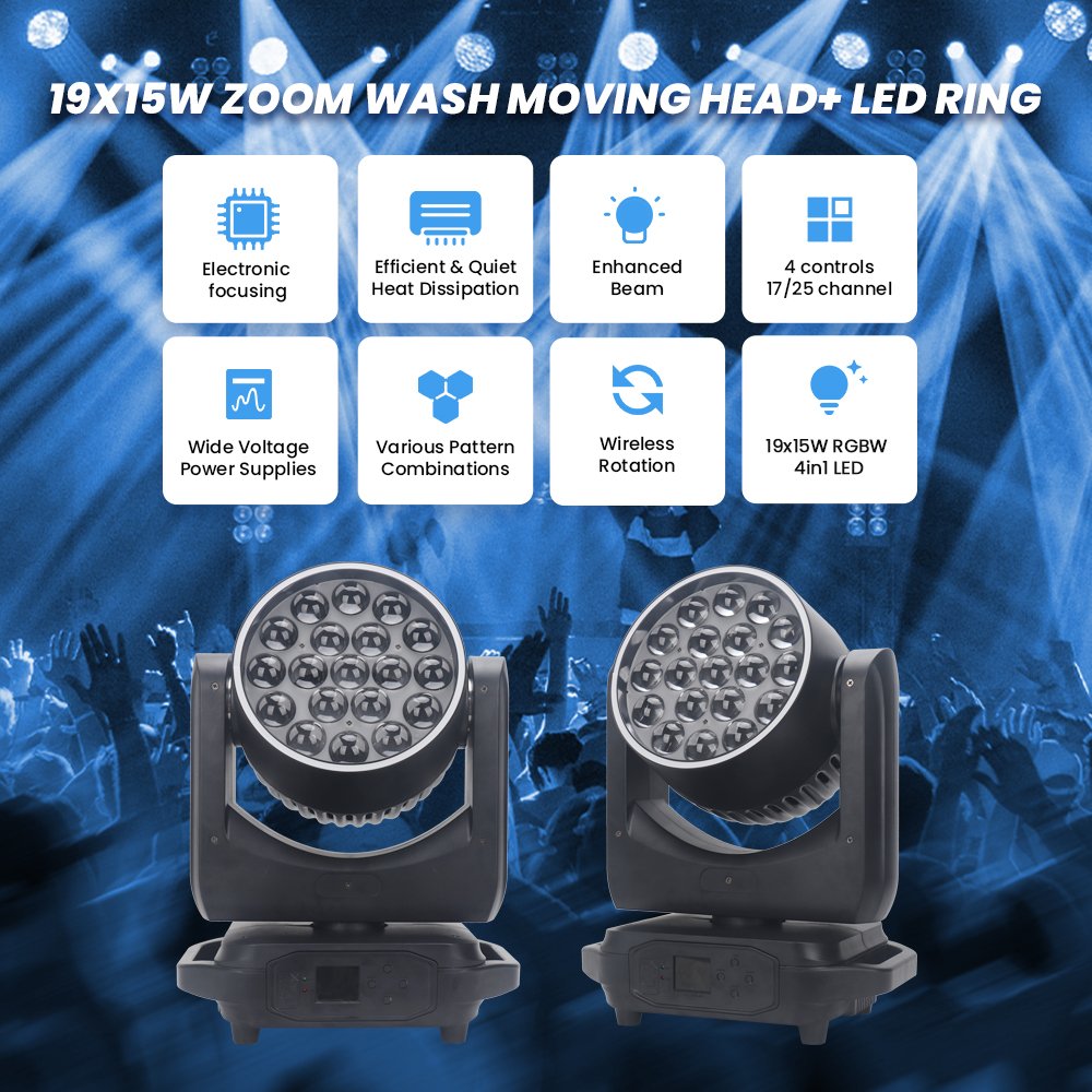 Lyre Wash 19x15W RGBW 4in1 Zoom LED Cabeza Movil DMX Dj Disco Stage Light Moving Head Wash for Party Event Bar