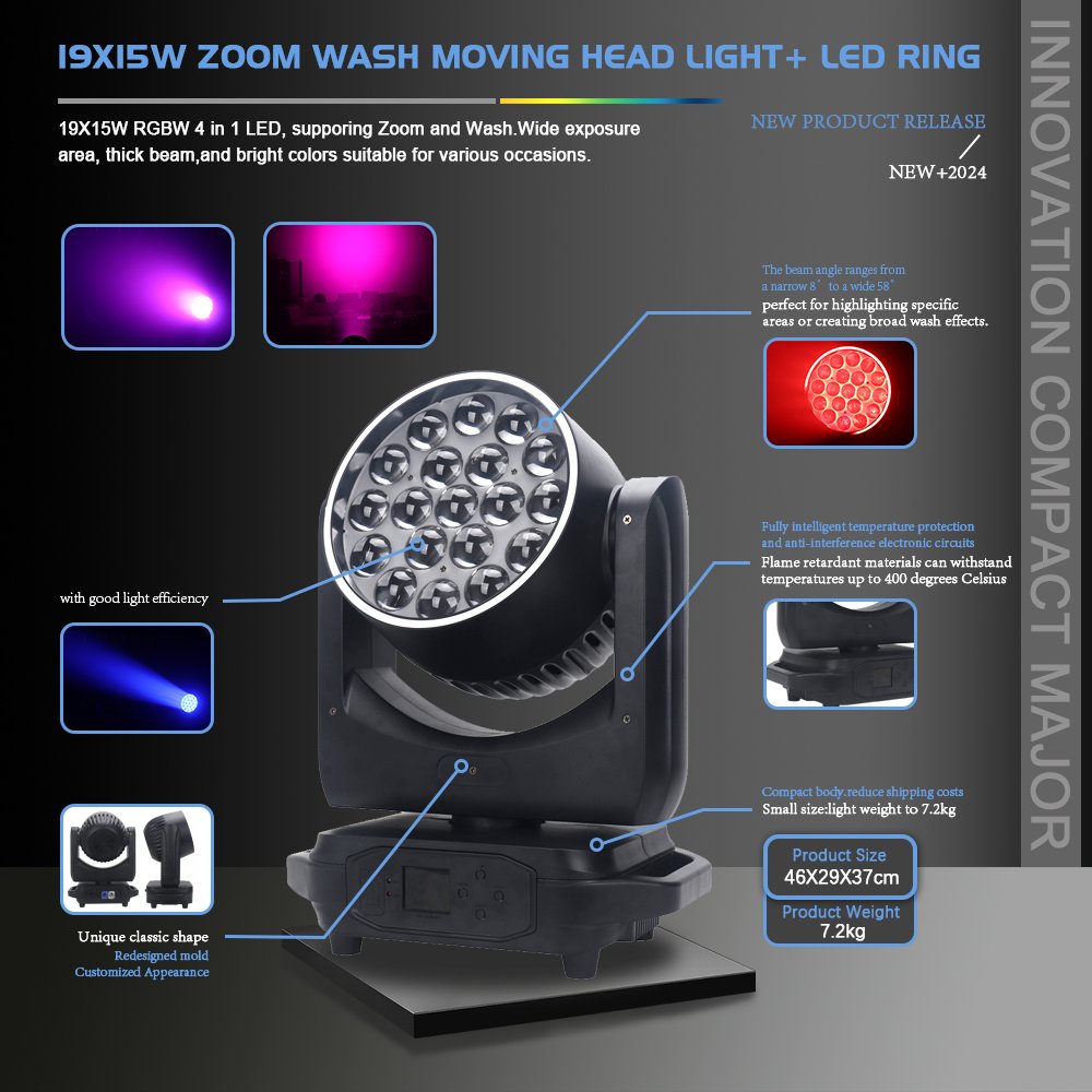 Lyre Wash 19x15W RGBW 4in1 Zoom LED Cabeza Movil DMX Dj Disco Stage Light Moving Head Wash for Party Event Bar