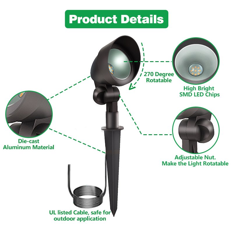 Outdoor Garden Lights 5W 200 Lumens Waterproof Garden Spike Light & Landscape Spot Lighting ETL Listed