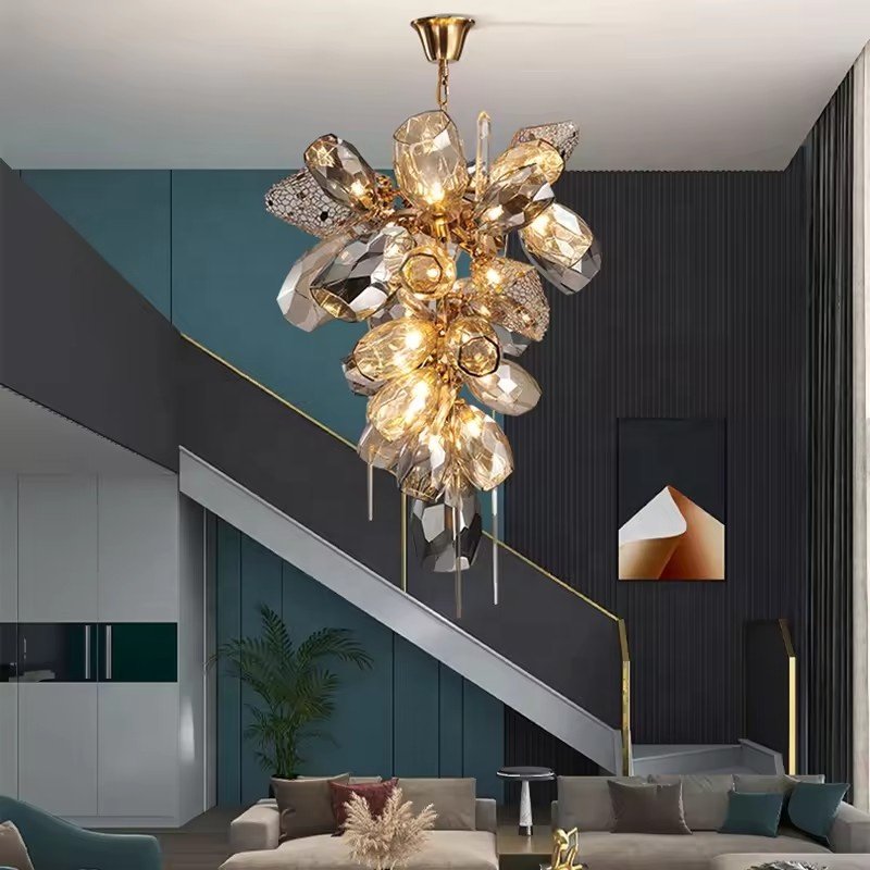 New Large European Decor Luxury Glass Crystal Chandelier Lights for Hotel Lobby Staircase Gold Modern Chandelier