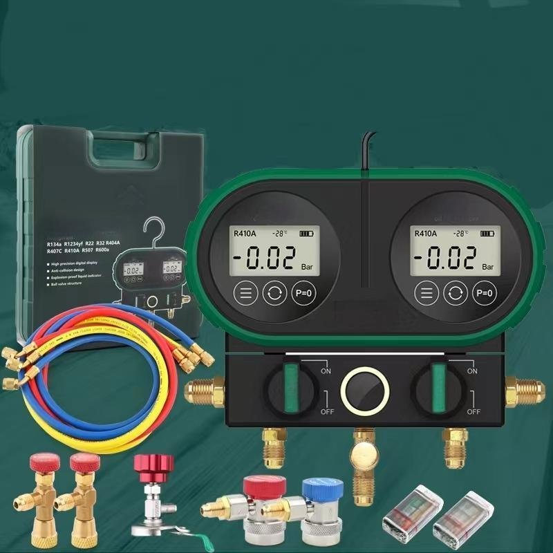 Integrated Refrigerant Pressure Gauge Test Tool Manifold Gauge with 1.5m freon Charging Hoses R134A R410A R404A