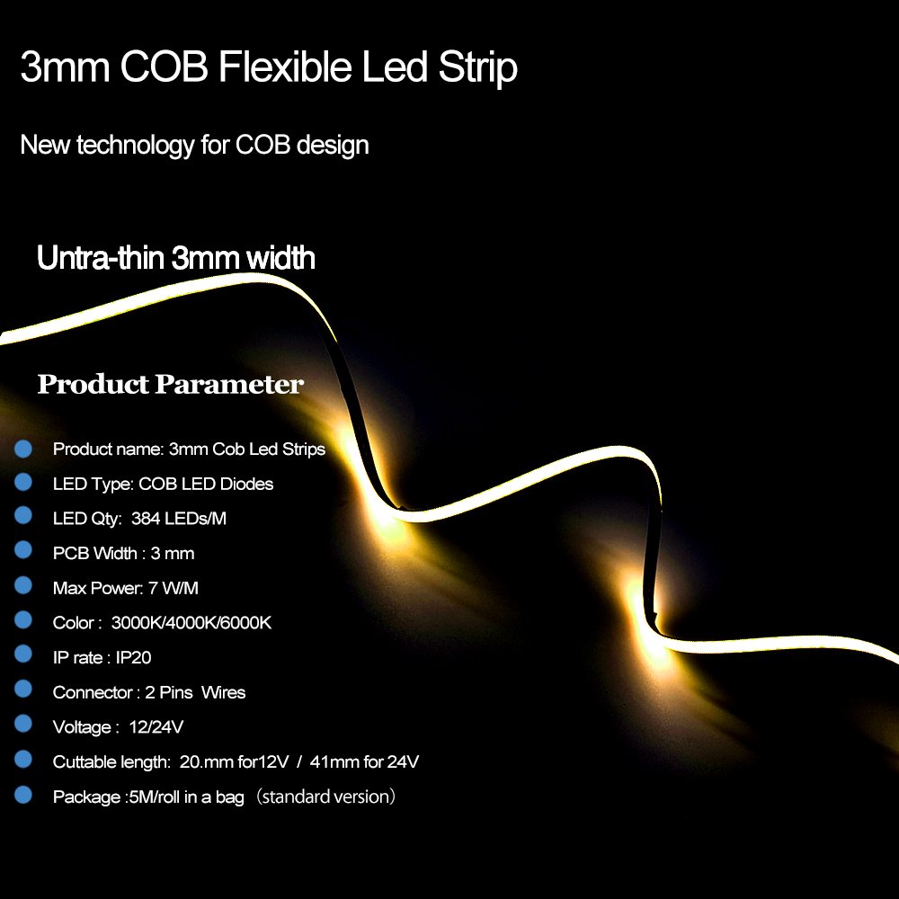 Ultra Fine 3mm Width Cob Led Strip Flexible 12V 24V High Brightness Linear Wine Cabinet Cob Led Light Strip