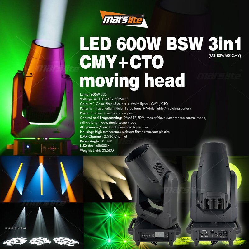 Marslite 600W LED 3in1 Moving Head BSW CMY CTO Moving Head Light Pro Theater Church Stage Beam Lighting Equipment