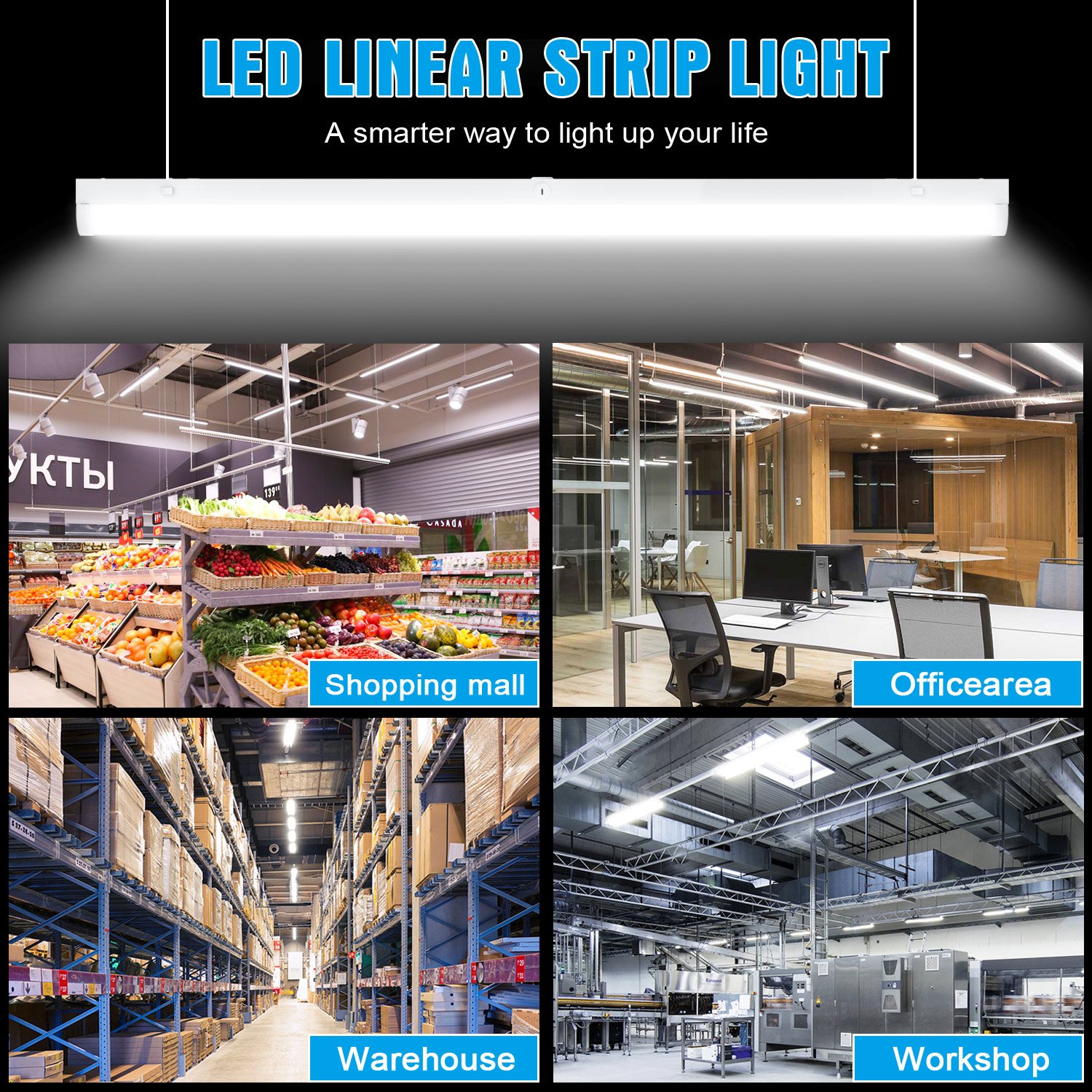 LED Batten 4ft 8ft 30w 35w 40w 140lm/w High Efficiency Smart Low Bay Light Usa Warehouse Led Strip Linear Light
