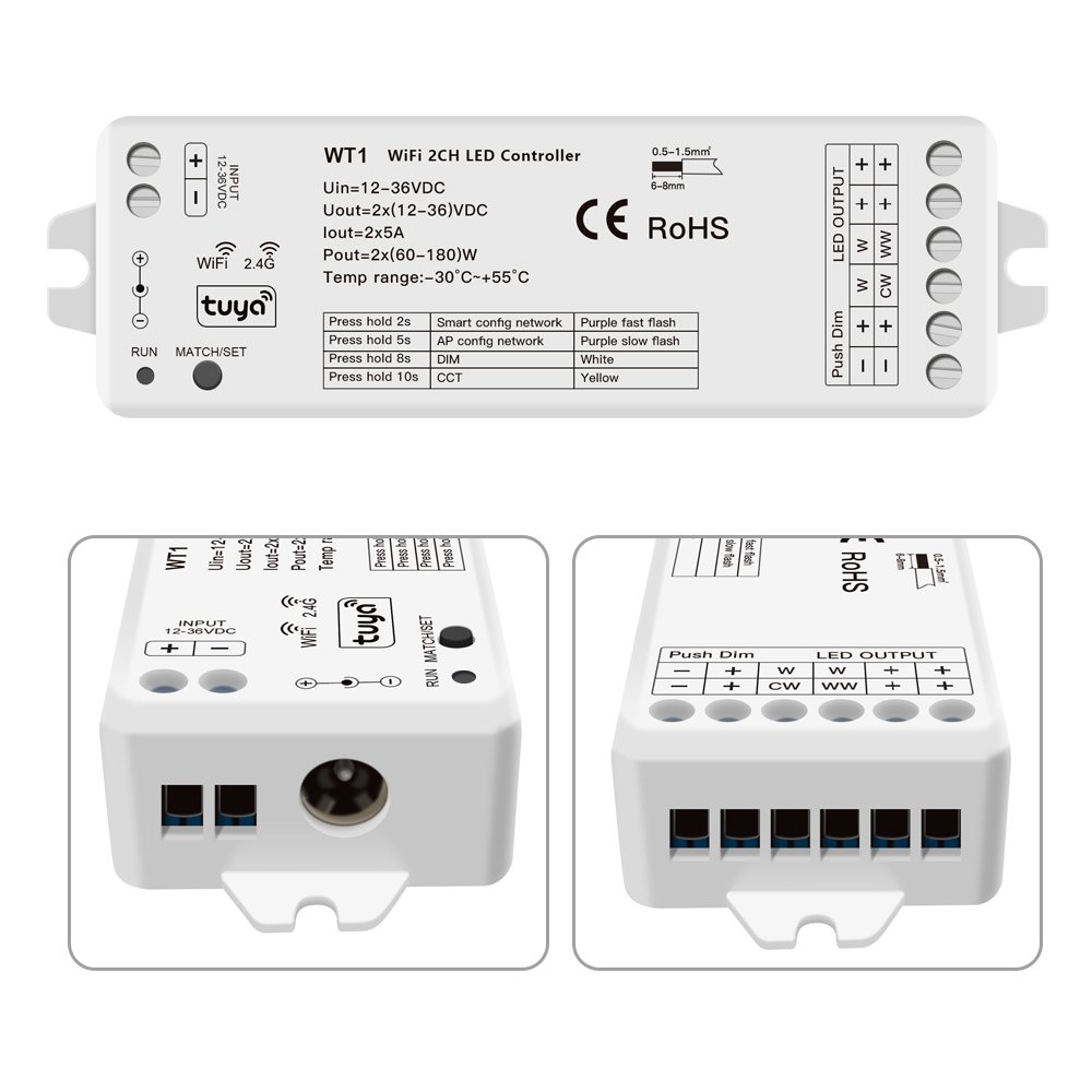 Wifi LED Controller Tuya Smart APP Control 2.4G RF Wireless DIM CCT for Strip Lights Works with Alexa Google Assistant 12V 24V