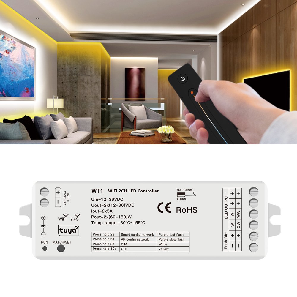Wifi LED Controller Tuya Smart APP Control 2.4G RF Wireless DIM CCT for Strip Lights Works with Alexa Google Assistant 12V 24V