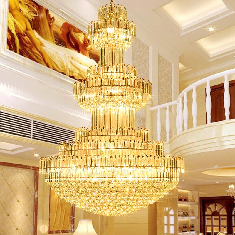 Retro Stair Hanging Chandelier Lights Hotel Lobby Gold Crystal Chandelier Pendant Lamp
