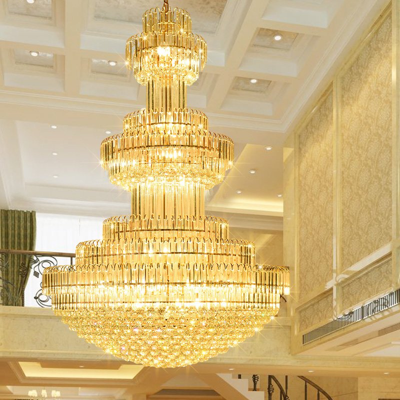 Retro Stair Hanging Chandelier Lights Hotel Lobby Gold Crystal Chandelier Pendant Lamp