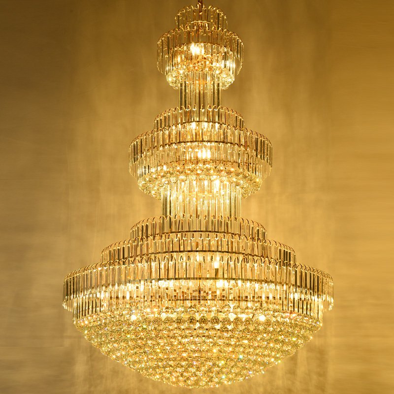 Retro Stair Hanging Chandelier Lights Hotel Lobby Gold Crystal Chandelier Pendant Lamp