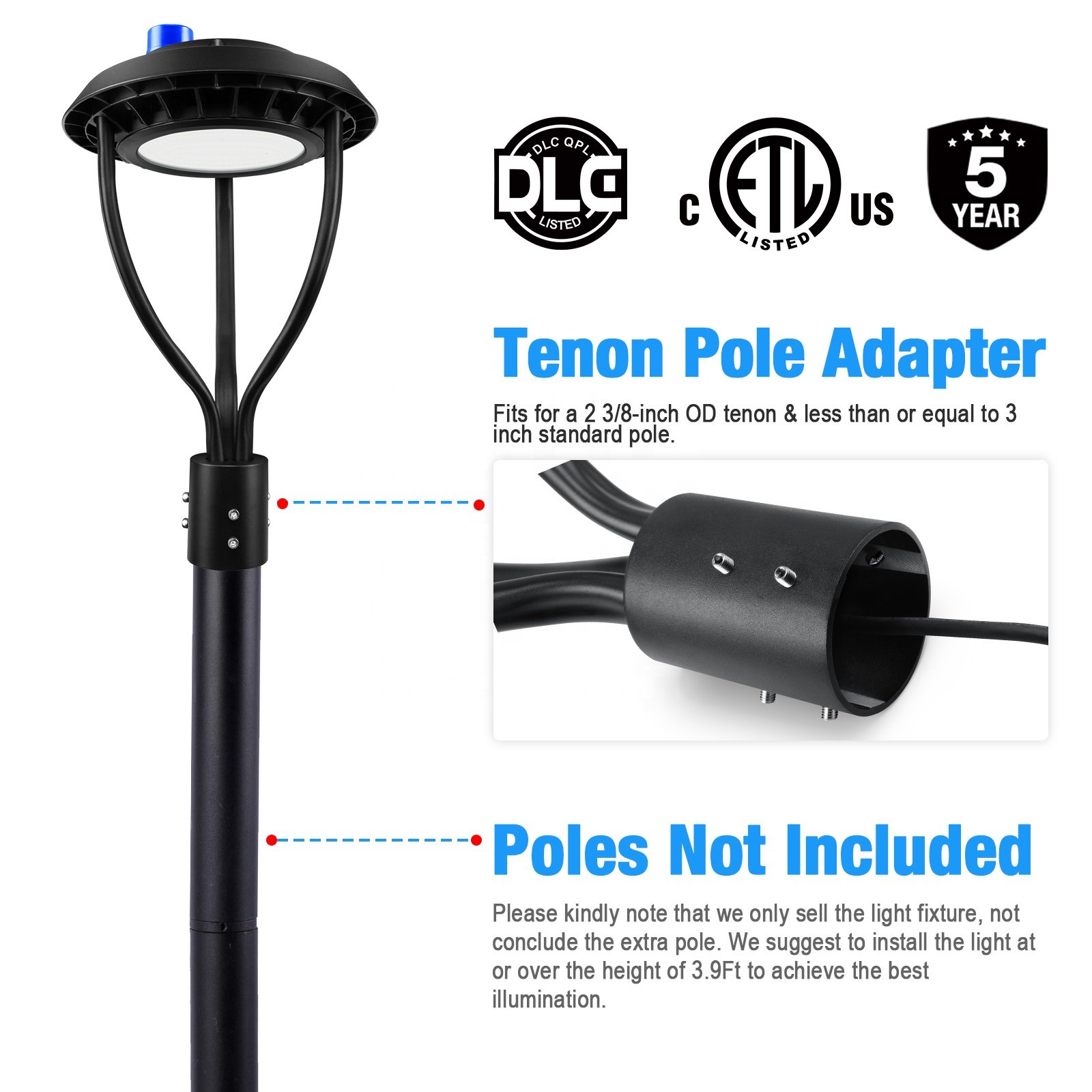 Outdoor Parking Area Yard LED Post Top Light Us Stock IP65 Aluminum Steel Pole 30W 40W 60W 90W LED Garden Light