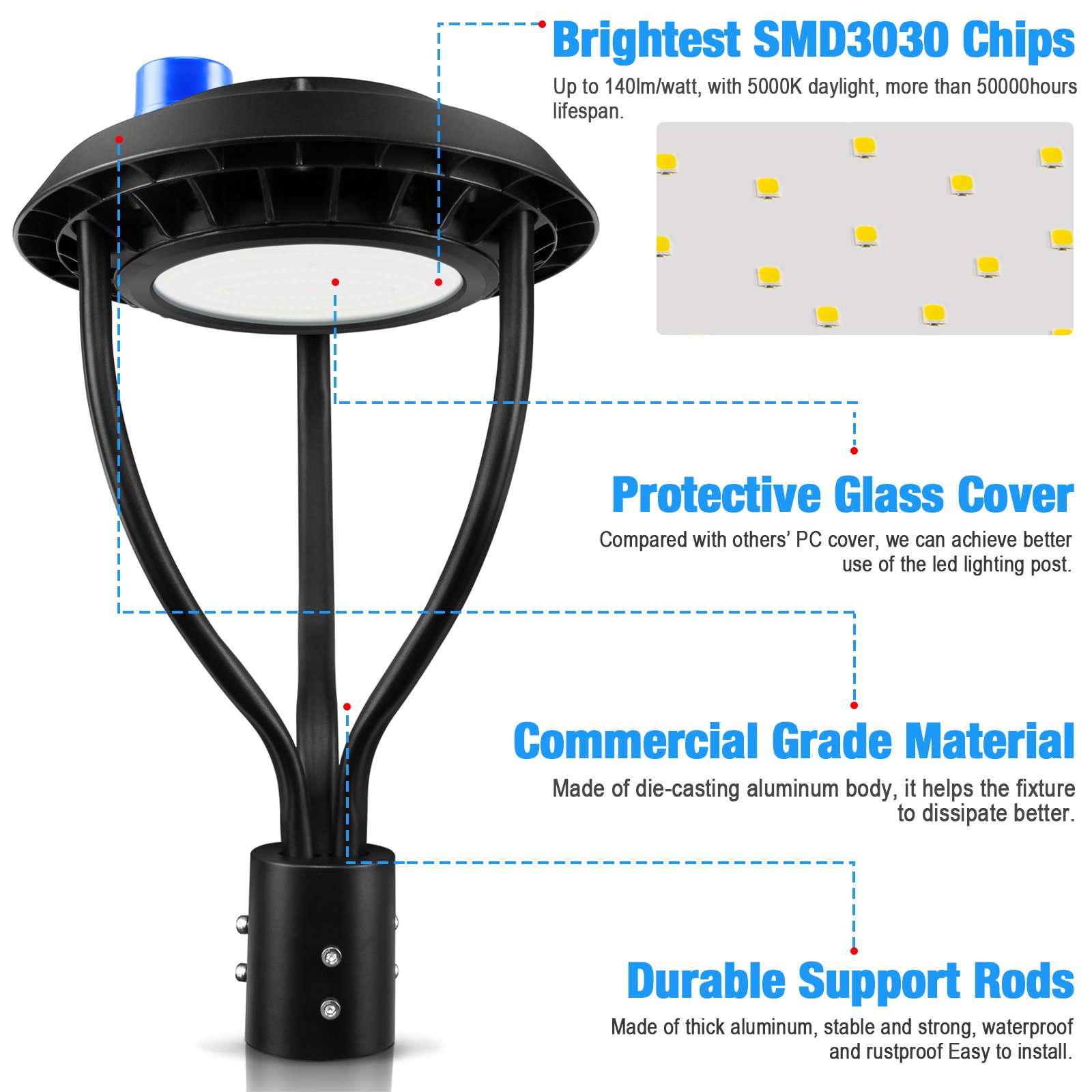 Outdoor Parking Area Yard LED Post Top Light Us Stock IP65 Aluminum Steel Pole 30W 40W 60W 90W LED Garden Light