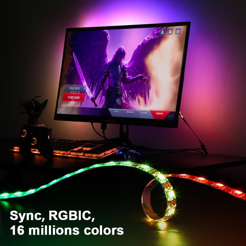 Immersive PC Backlight Computer 5V Gaming Light Color Music Sync RGBIC LED Strip Monitor Backlight for 24 - 34 Inch Screen