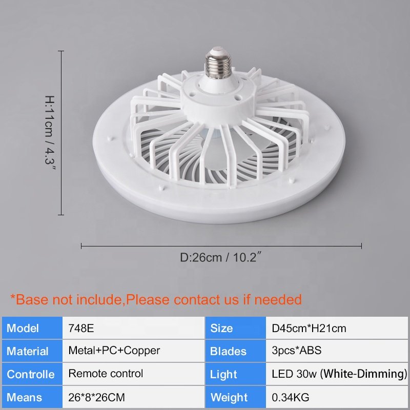 XD111 New Minifan with Remote Control E27 Screw Fan Light LED White Light Dimming for Household Top Light 85-265V