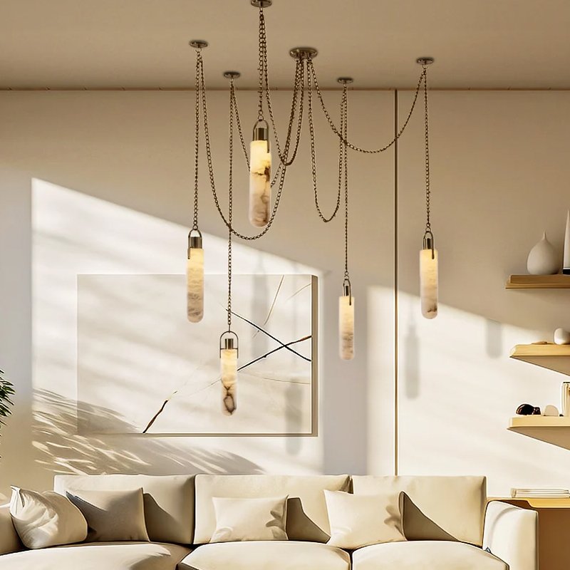 Latest Designs Villa Living Room Alabaster Long Metal Linear Hanging Chain Decoration Lamp Pendant Light Fixture