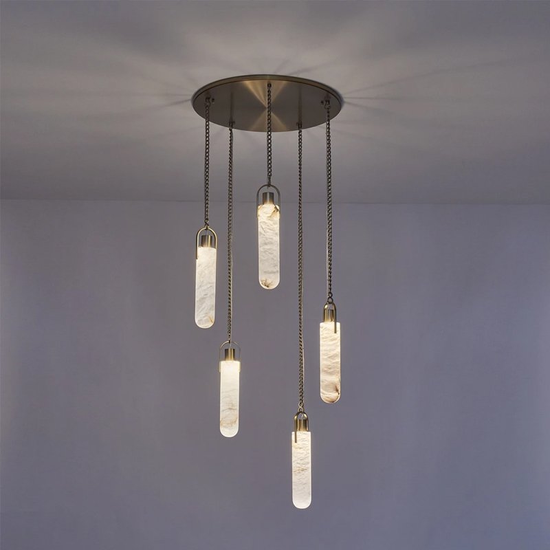 Latest Designs Villa Living Room Alabaster Long Metal Linear Hanging Chain Decoration Lamp Pendant Light Fixture