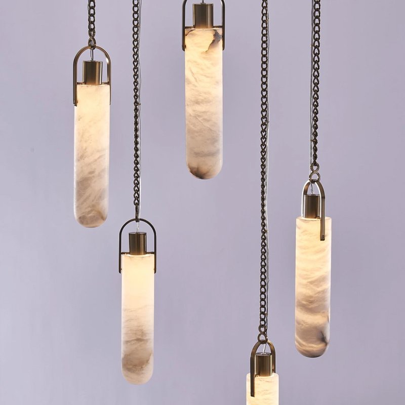 Latest Designs Villa Living Room Alabaster Long Metal Linear Hanging Chain Decoration Lamp Pendant Light Fixture