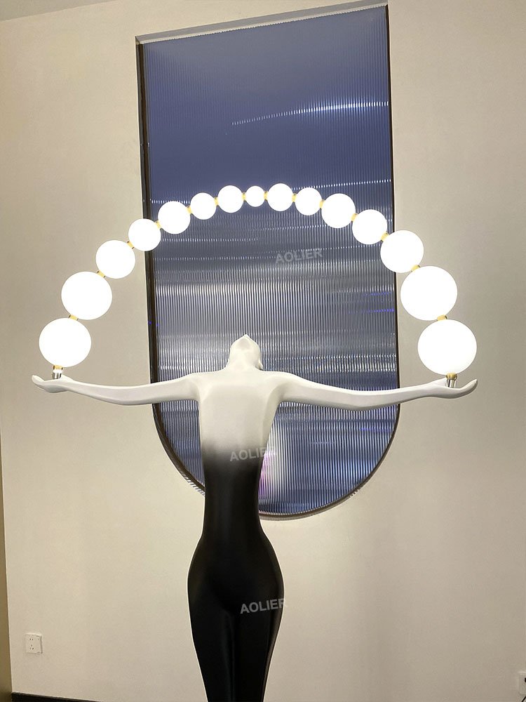 Art Humanoid Statue Floor Light Decor Gallery Hall Hotel Lobby Illuminated Ball Acrobatic Feats Statue Lamp Fixture