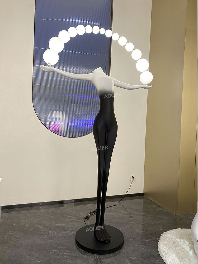 Art Humanoid Statue Floor Light Decor Gallery Hall Hotel Lobby Illuminated Ball Acrobatic Feats Statue Lamp Fixture