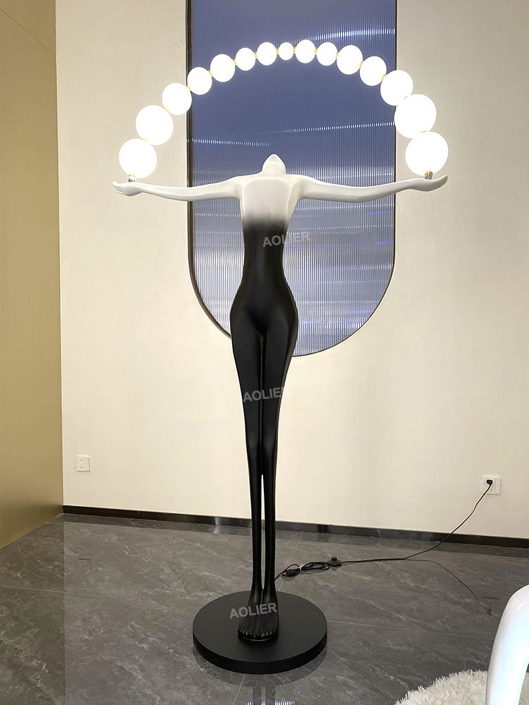 Art Humanoid Statue Floor Light Decor Gallery Hall Hotel Lobby Illuminated Ball Acrobatic Feats Statue Lamp Fixture