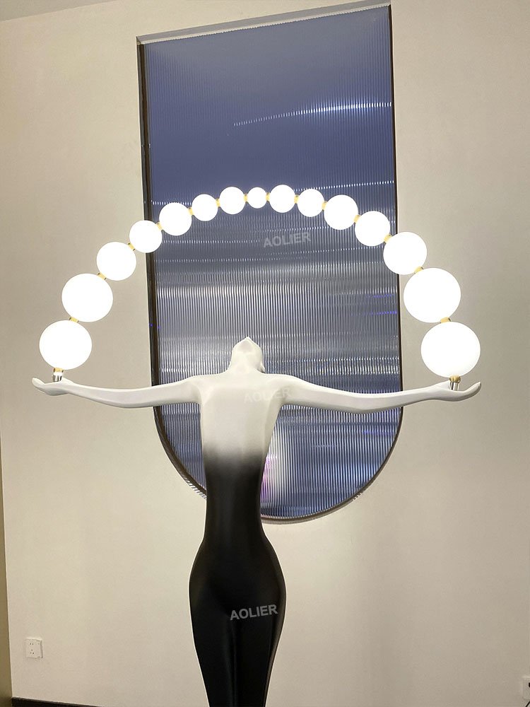 Art Humanoid Statue Floor Light Decor Gallery Hall Hotel Lobby Illuminated Ball Acrobatic Feats Statue Lamp Fixture