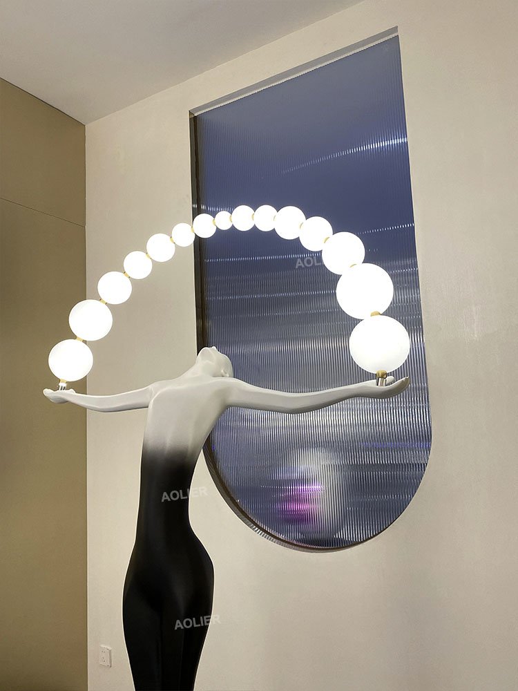 Art Humanoid Statue Floor Light Decor Gallery Hall Hotel Lobby Illuminated Ball Acrobatic Feats Statue Lamp Fixture
