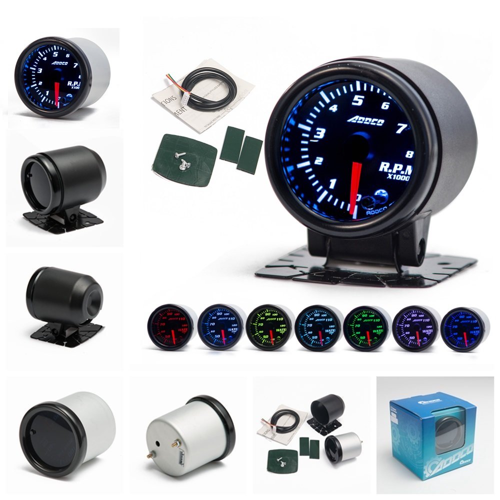 ADDCO AUTO 2" 52mm 7 Color LED Smoke Face Car Auto Tachometer Gauge Meter With Sensor Car Meter Gauge AD-GA52RPM