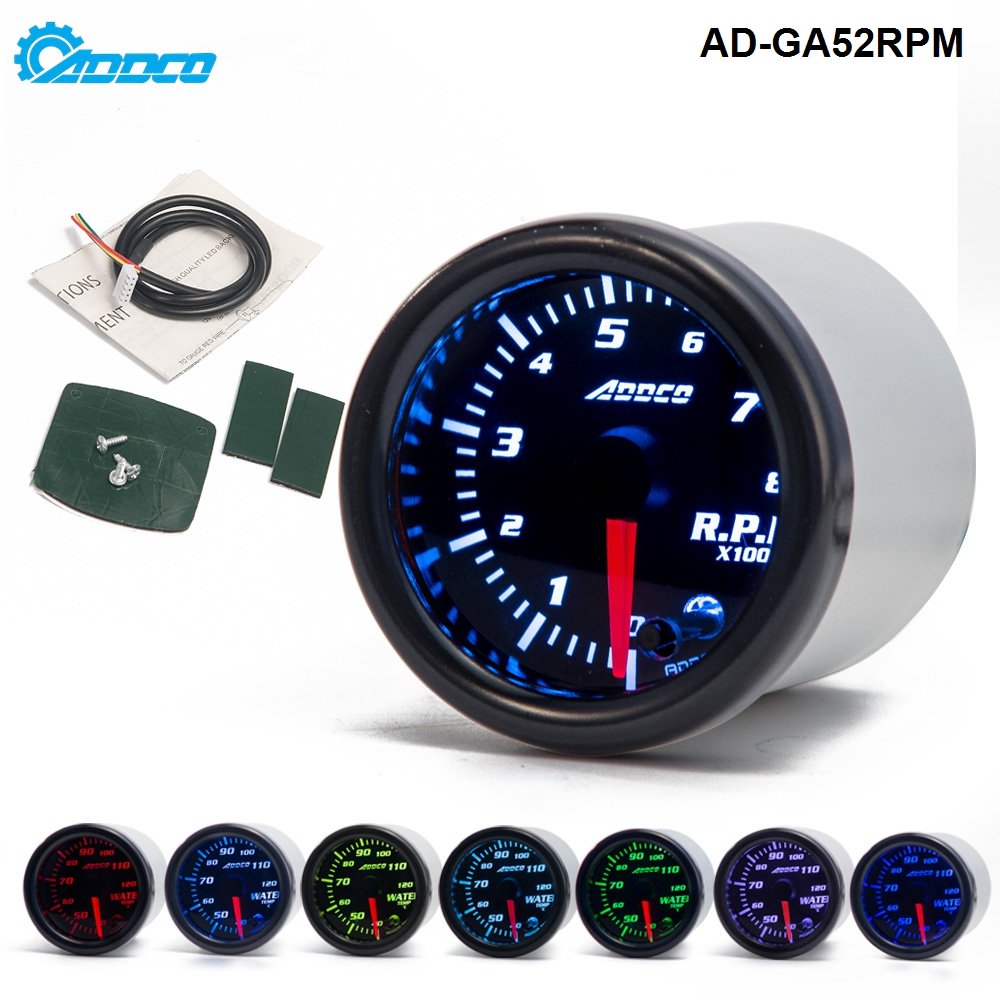 ADDCO AUTO 2" 52mm 7 Color LED Smoke Face Car Auto Tachometer Gauge Meter With Sensor Car Meter Gauge AD-GA52RPM