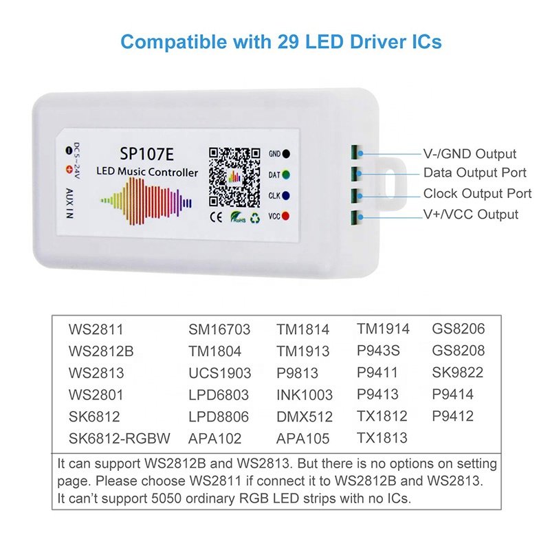 SP107E Music Pixel RGB LED Strip Controller for WS2812 WS2813 SK6812 WS2801 Dream Color Addressable LED Matrix Panel Light
