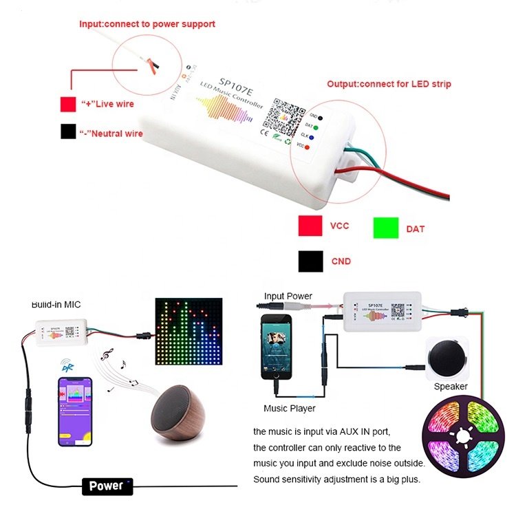 SP107E Music Pixel RGB LED Strip Controller for WS2812 WS2813 SK6812 WS2801 Dream Color Addressable LED Matrix Panel Light