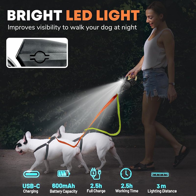Hot High Quality Double Headed Retractable Dog Leash Heavy Duty Reflective Walking Pet Leashes with Flashlight and Poop Bags
