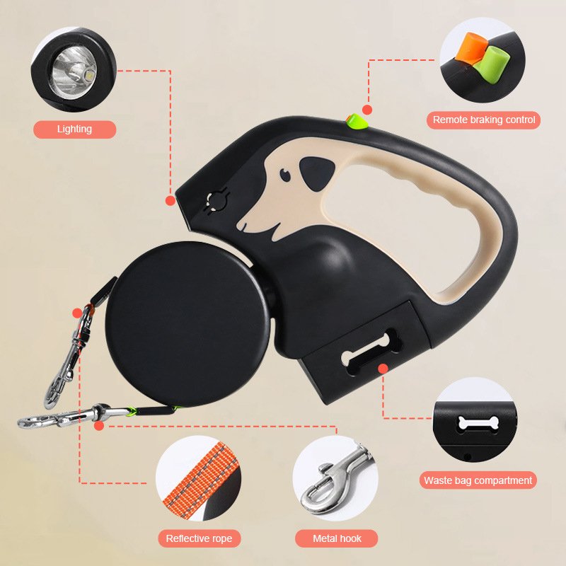 Hot High Quality Double Headed Retractable Dog Leash Heavy Duty Reflective Walking Pet Leashes with Flashlight and Poop Bags