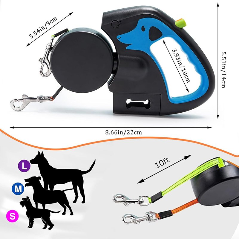 Hot High Quality Double Headed Retractable Dog Leash Heavy Duty Reflective Walking Pet Leashes with Flashlight and Poop Bags