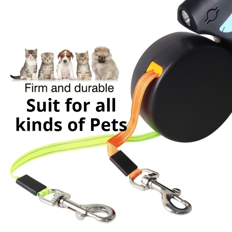 Hot High Quality Double Headed Retractable Dog Leash Heavy Duty Reflective Walking Pet Leashes with Flashlight and Poop Bags