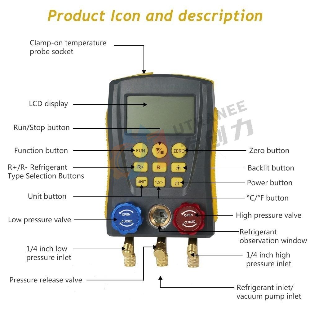 HVAC Pressure Gauge High Precision Vacuum Pressure Temperature Leak Tester Digital Manifold Refrigeration Diagnostic Instrument