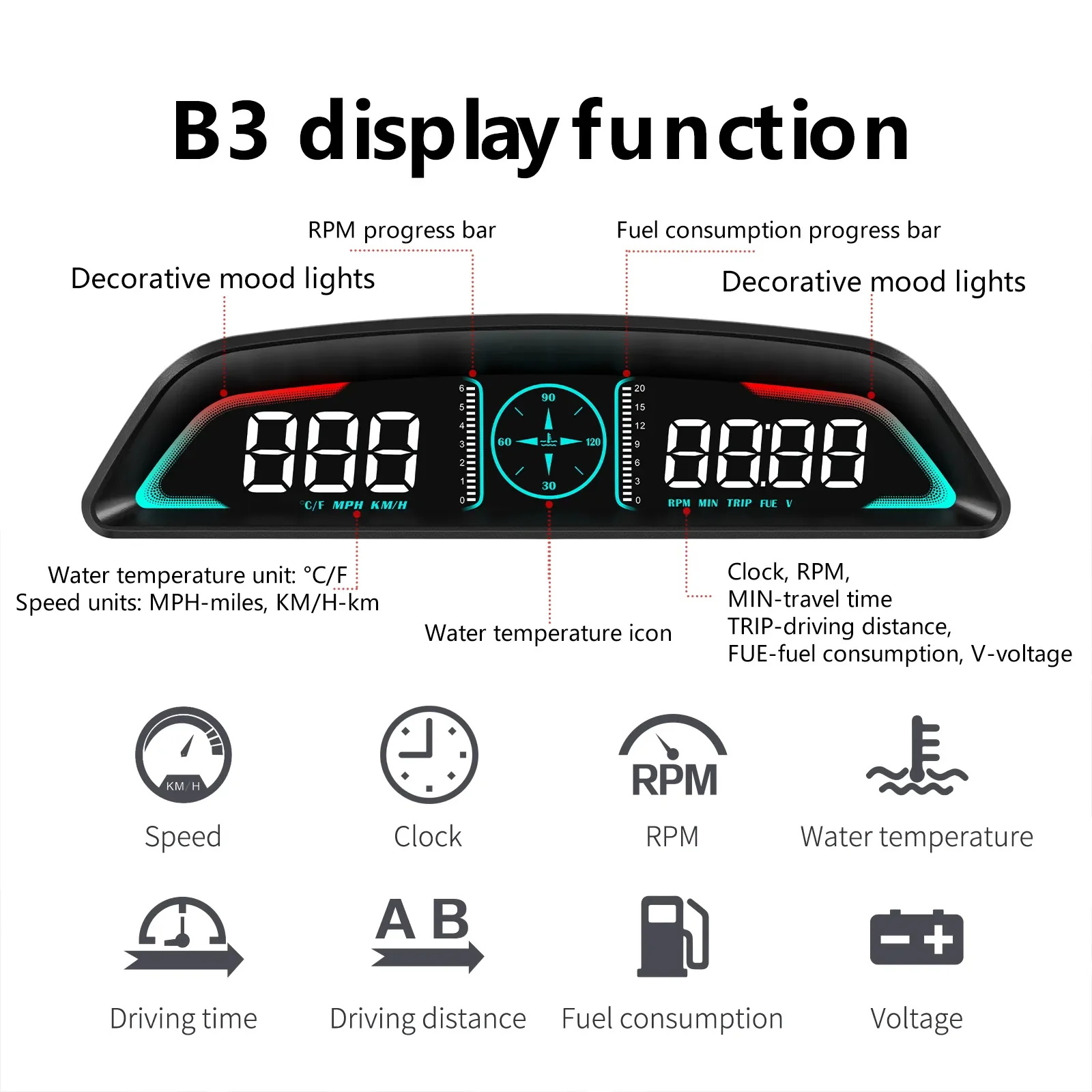 AD B3 Speedometer Head up Display OBD2 HUD Car Tachometer Water Temp With Alarm Auto Fuel Consumption Volt Meter Gauge