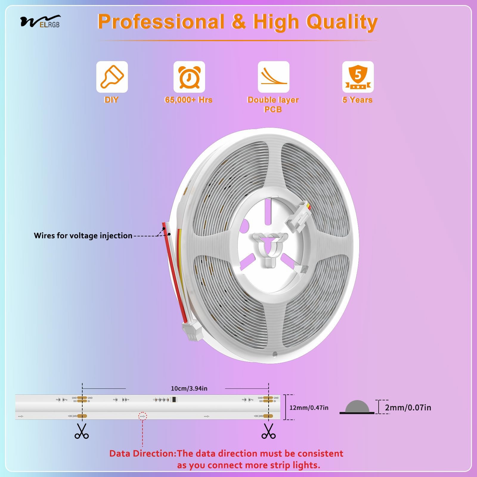 IP65 Waterproof RGB Smart IC COB LED Strip Light Addressable 24ft/7.5m,24V Color Flowing Strip Light