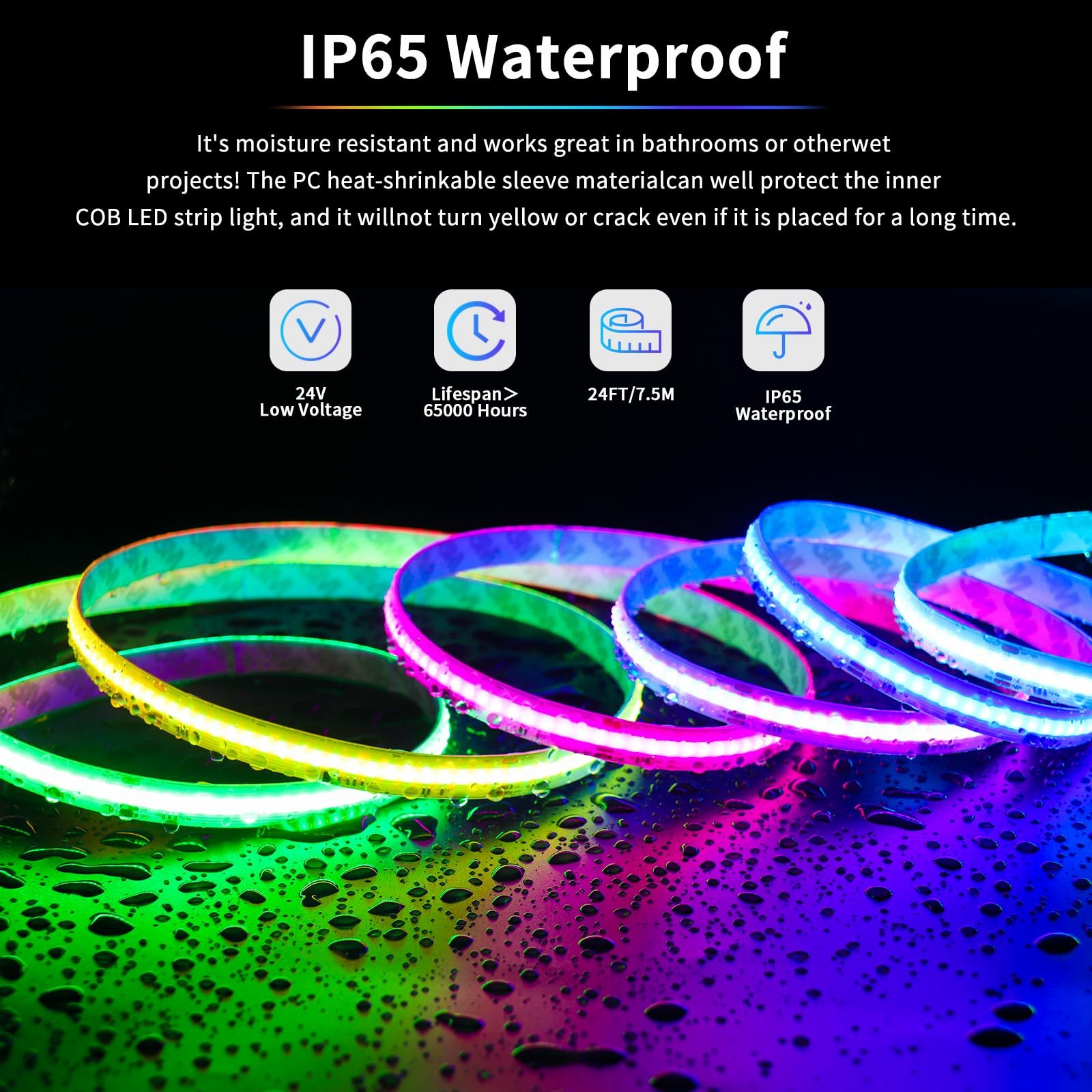 IP65 Waterproof RGB Smart IC COB LED Strip Light Addressable 24ft/7.5m,24V Color Flowing Strip Light