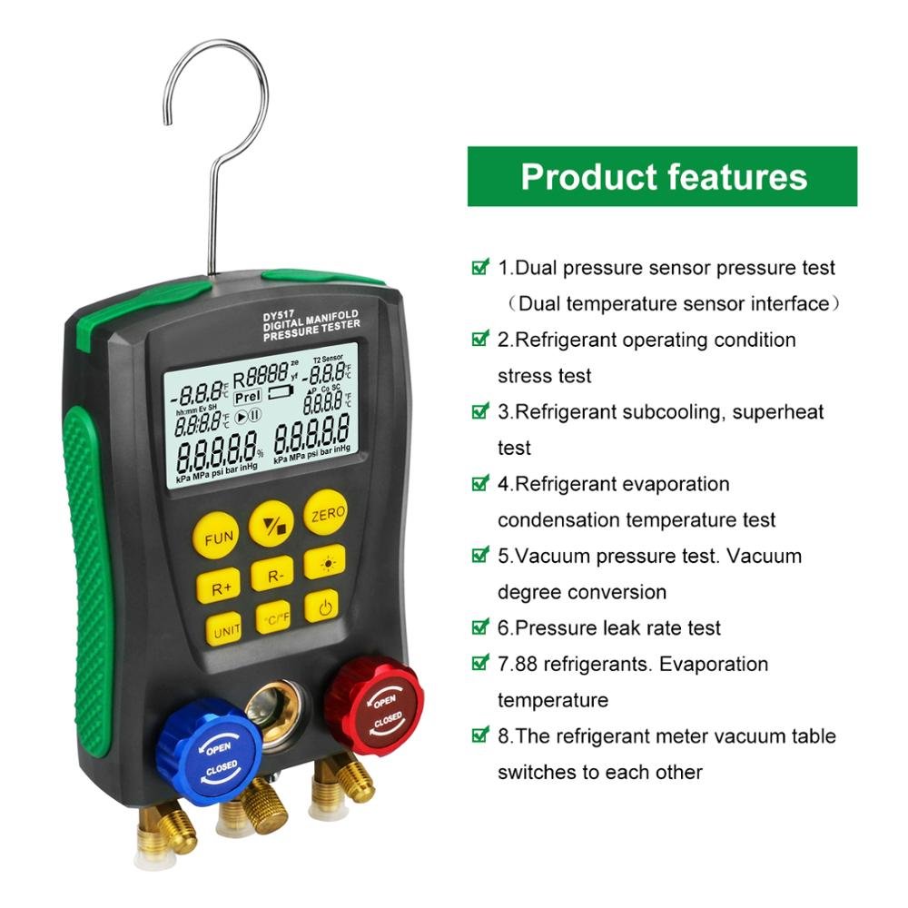 Dy517a Digital Hvac Vacuum Manometer Manifold Refrigerant Pressure Gauge Set Temperature Leakage Air Conditioner Tester Meter