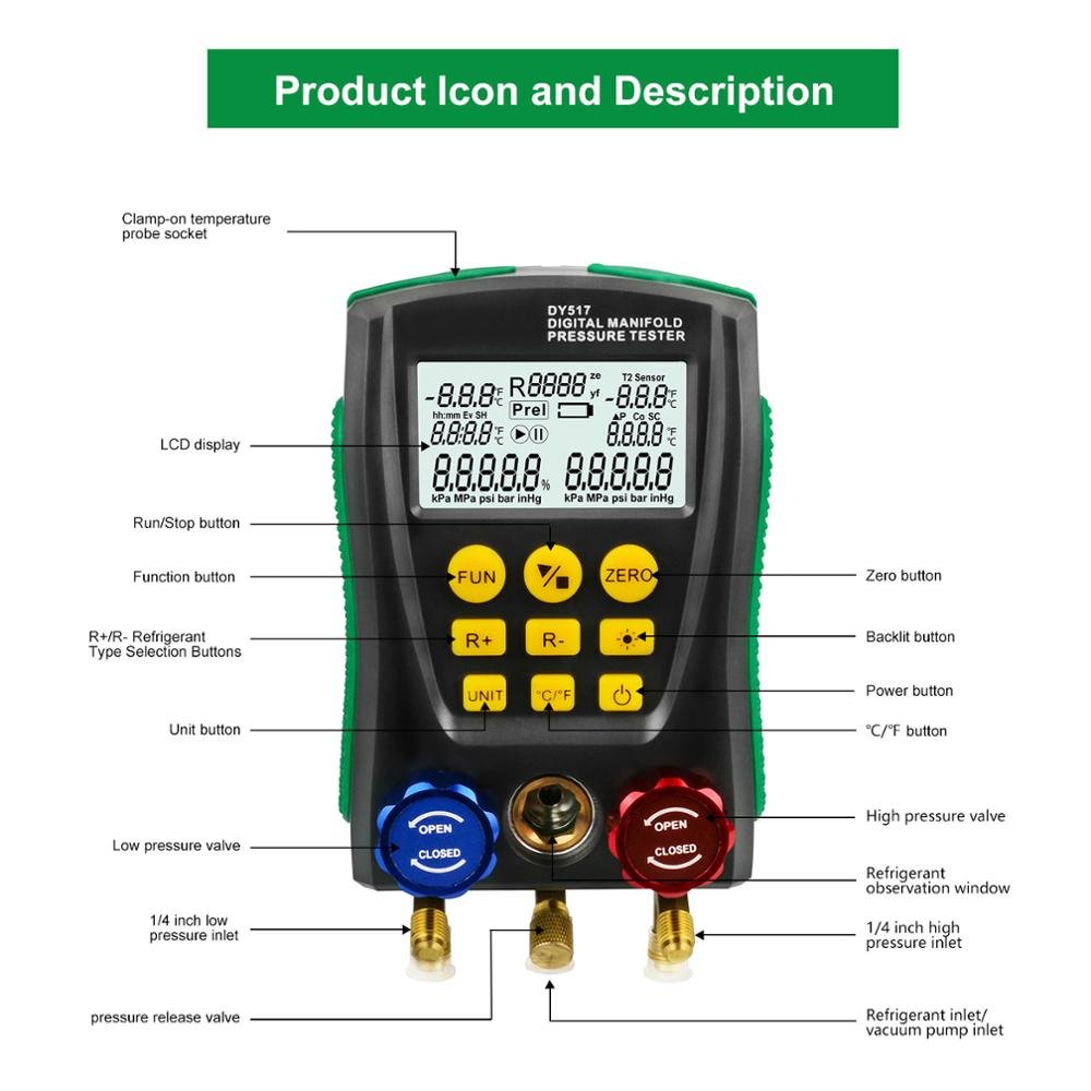 Dy517a Digital Hvac Vacuum Manometer Manifold Refrigerant Pressure Gauge Set Temperature Leakage Air Conditioner Tester Meter