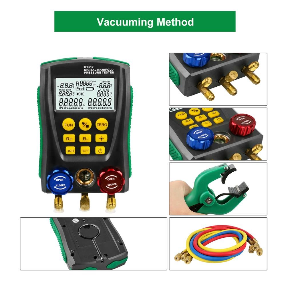 Dy517a Digital Hvac Vacuum Manometer Manifold Refrigerant Pressure Gauge Set Temperature Leakage Air Conditioner Tester Meter